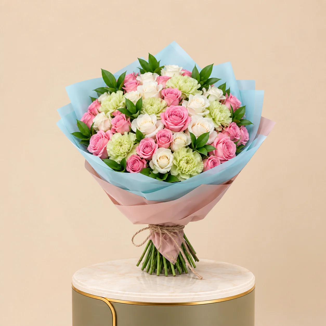 Pink & White Rose Bouquet with Green Carnations