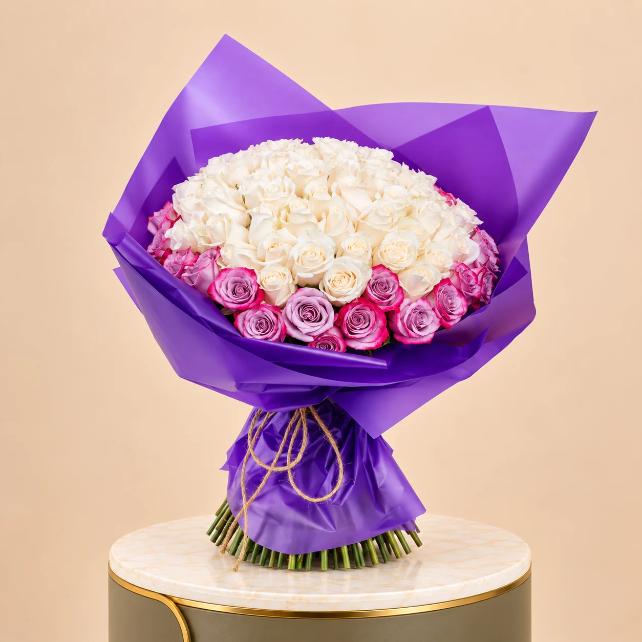 White & Pink Rose Bouquet with Purple Wrap | 100 Roses