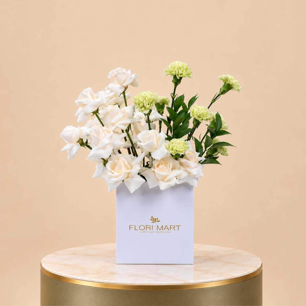 White Roses & Green Carnations in White Flori Mart Box