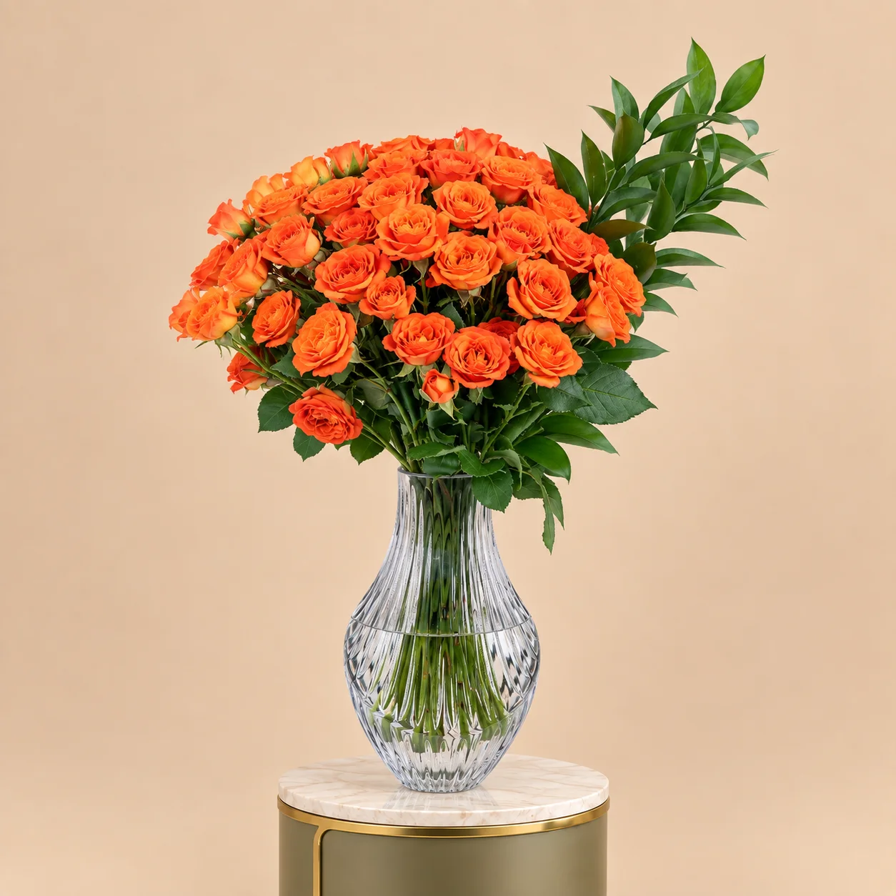 Orange Spray Roses in Clear Glass Vase