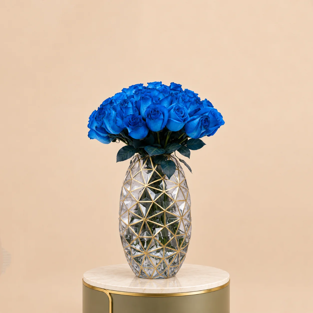 Blue Roses in Gold Geometric Glass Vase