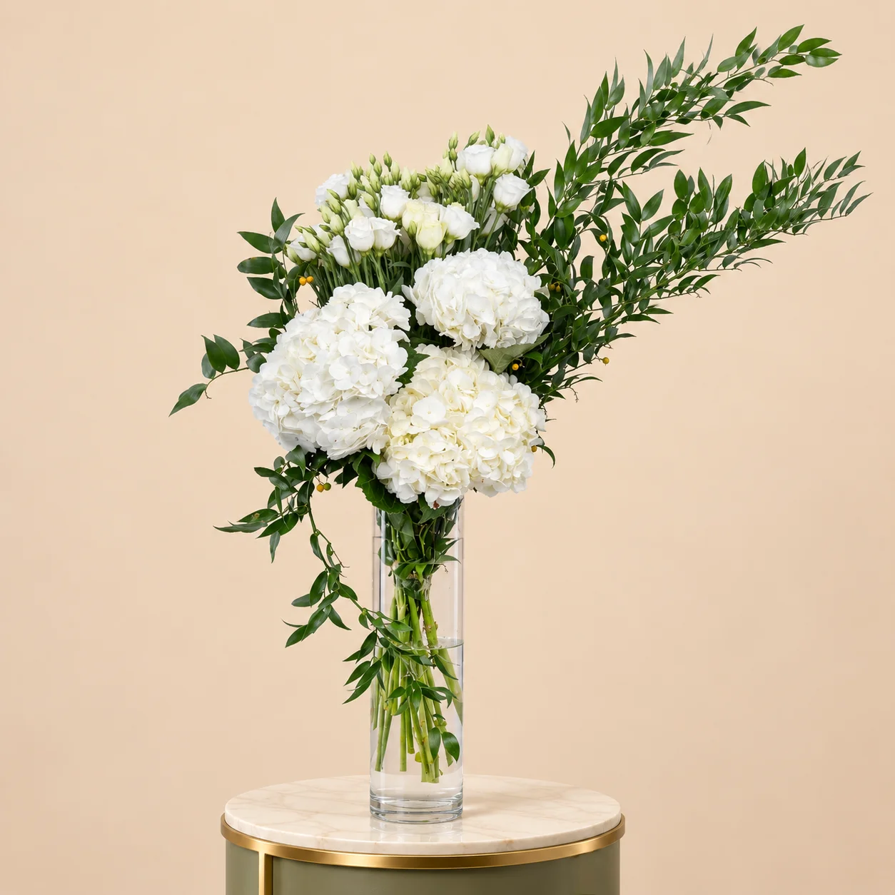 White Hydrangea & White Lisianthus in Clear Glass Vase
