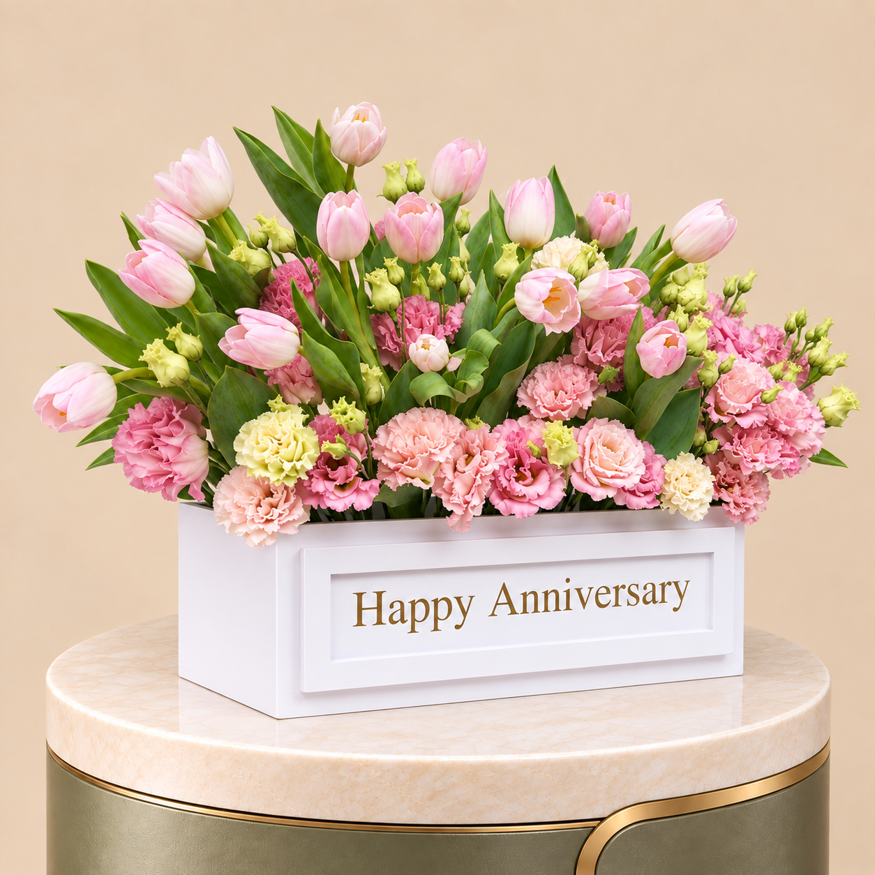 Pink Tulip & Eustoma Flower Box – Happy Anniversary