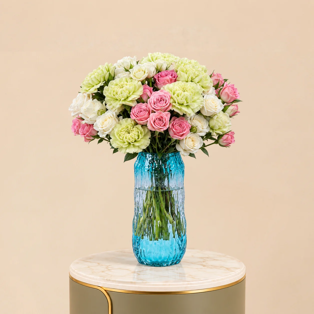Pink & White Roses with Green Carnations in Blue Glass Vase