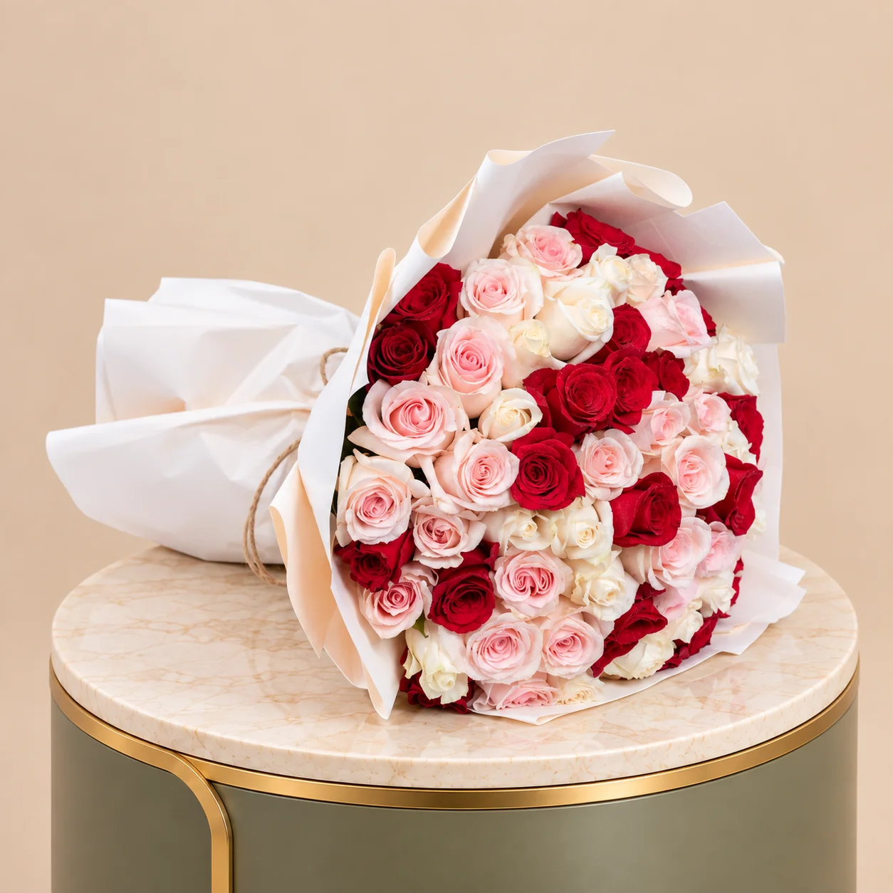 Red, Pink & White Rose Bouquet with White Wrap | 50 Roses