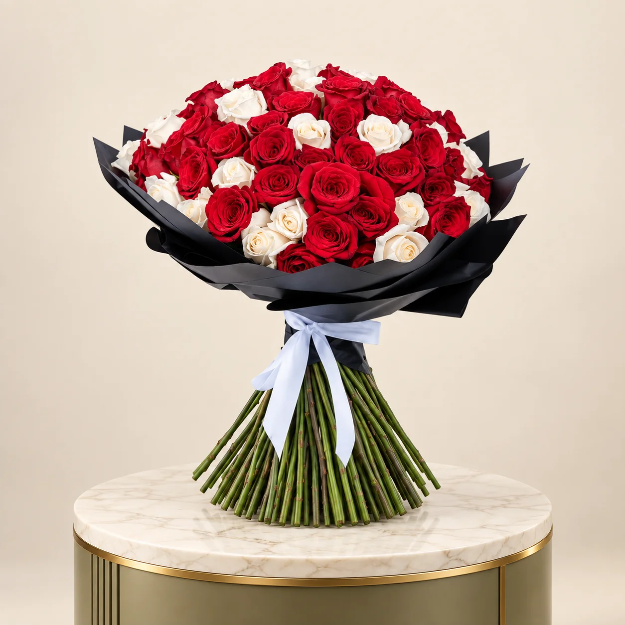 Red and White Rose Bouquet with Black Wrap | 100 Roses