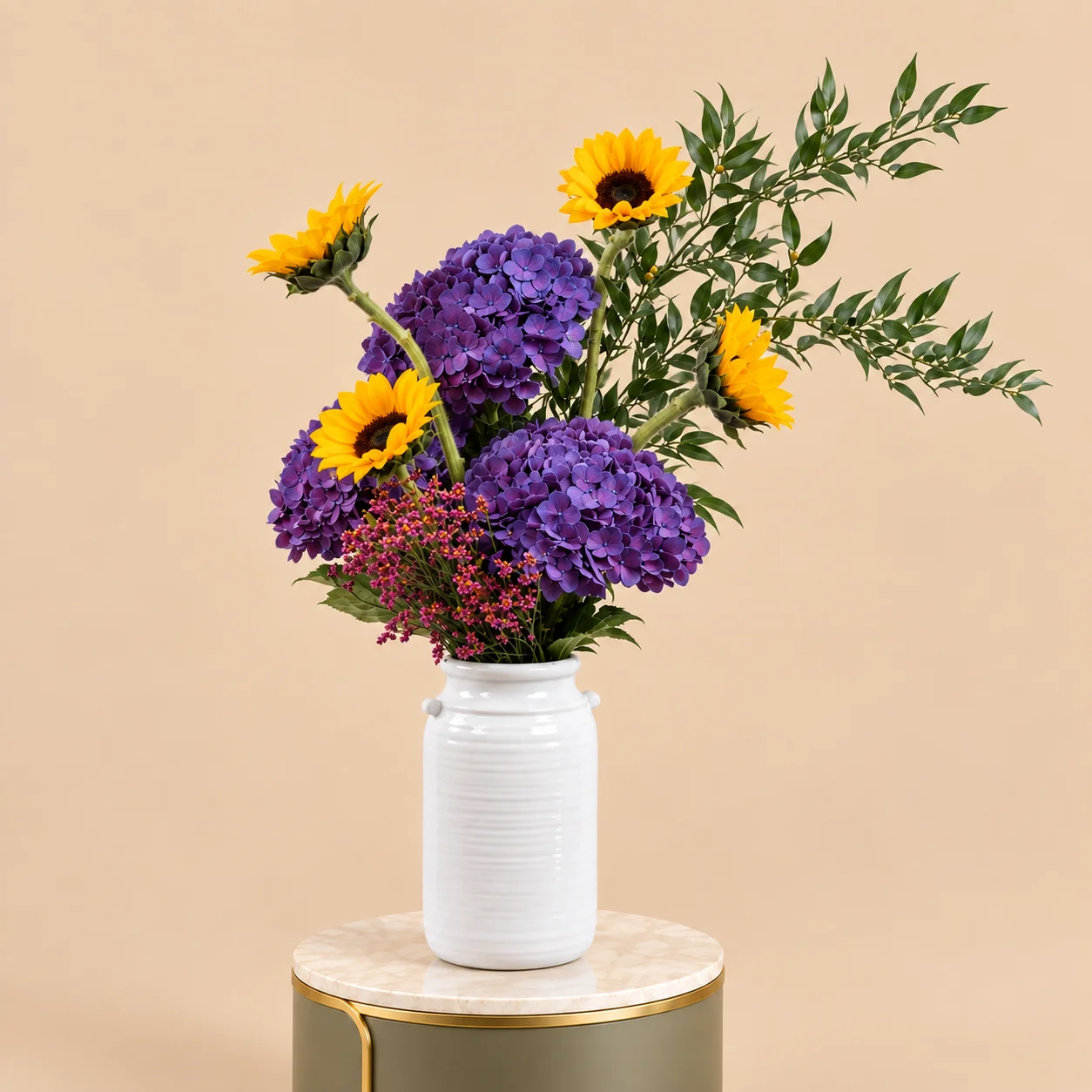 Purple Hydrangea & Sunflower in White Vase