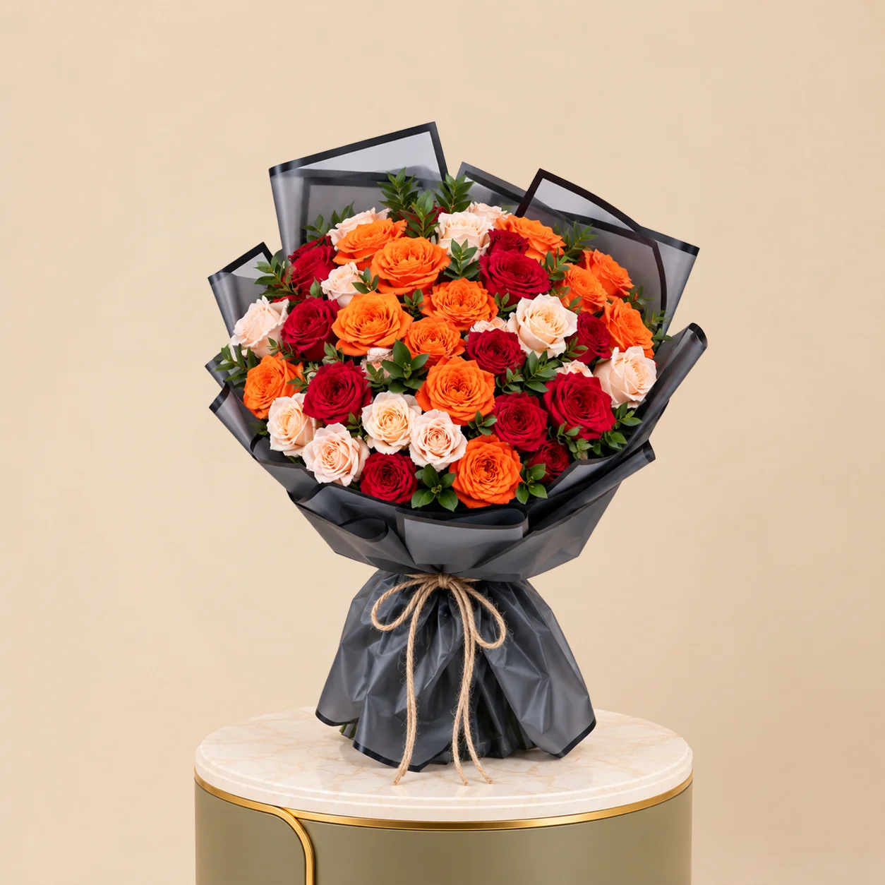 Red, Orange & Peach Rose Bouquet with Black Wrap