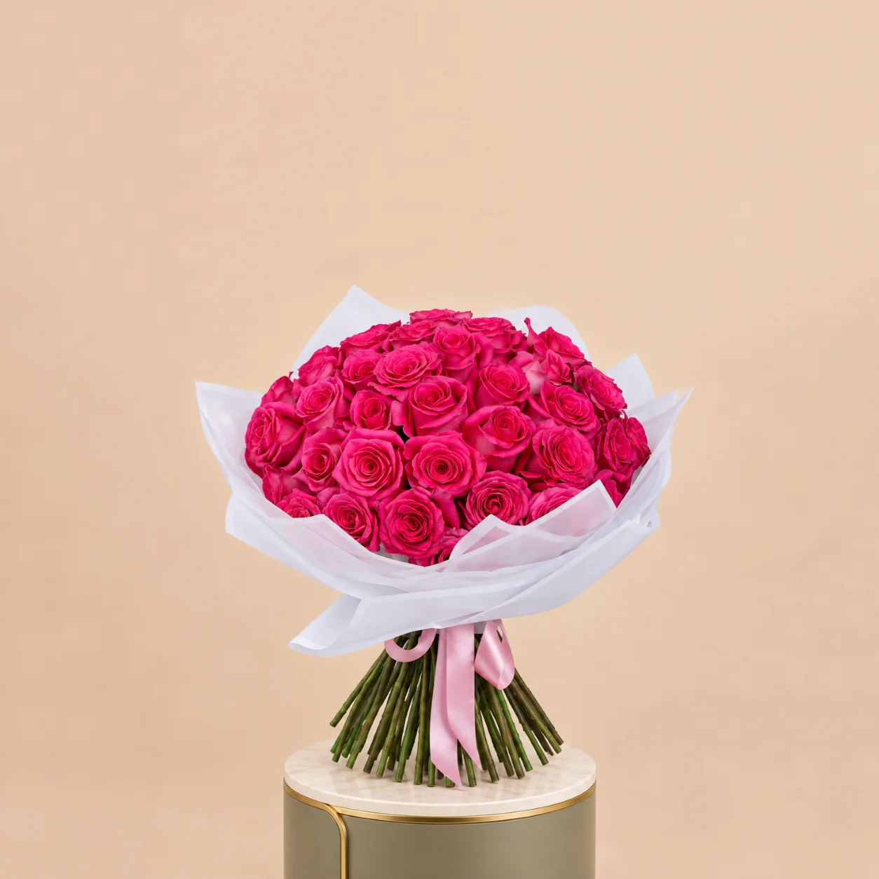 Deep Pink Rose Bouquet with White Wrap | 25 Roses