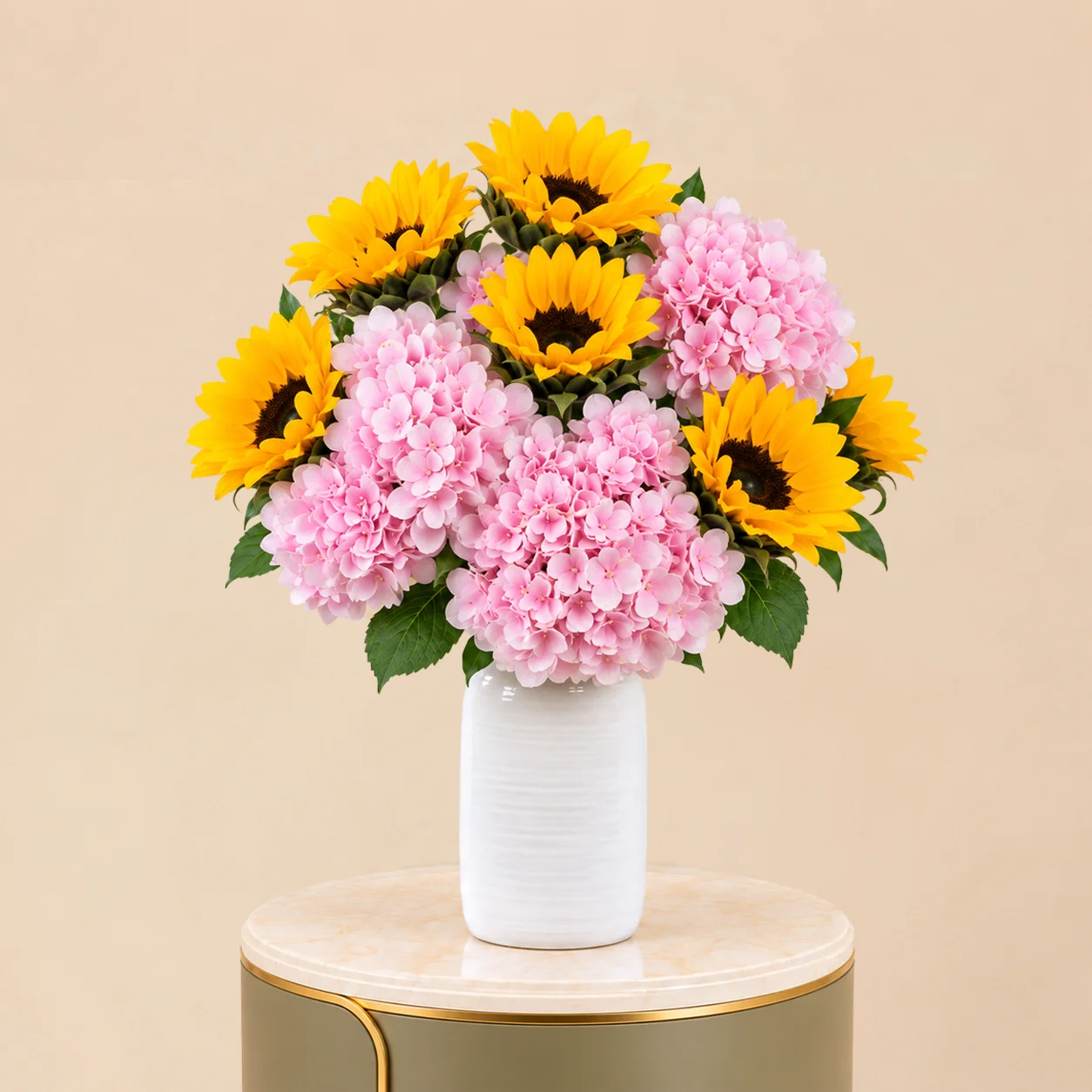 Pink Hydrangea & Sunflower Arrangement in White Vase SEO Title – Arabic
