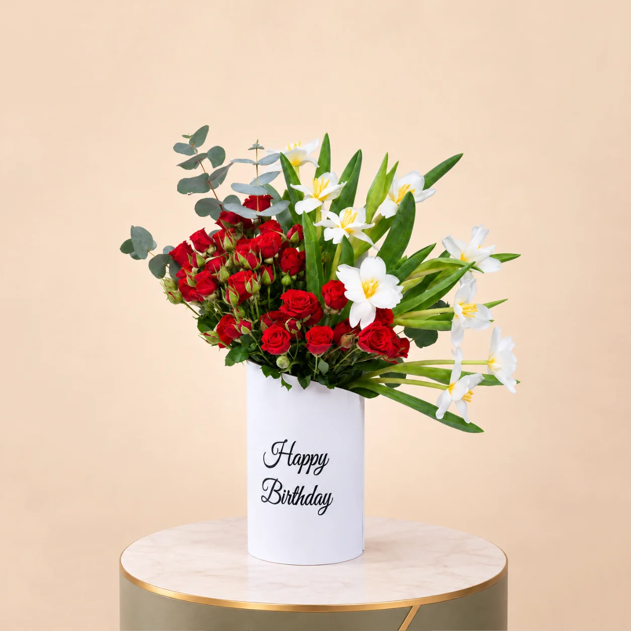 Red Spray Roses & White Alstroemeria with Eucalyptus in Birthday Box