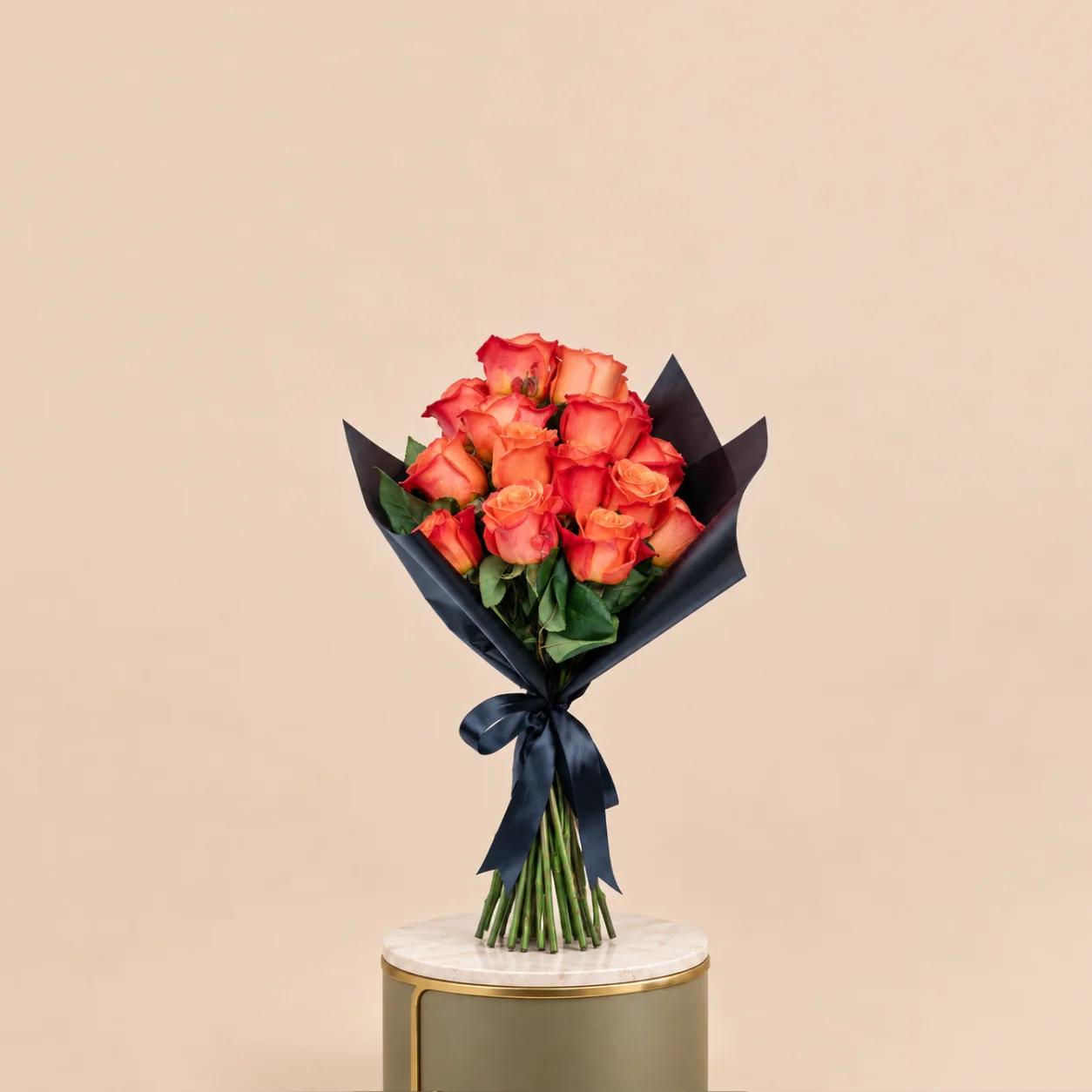 Orange Rose Bouquet with Black Wrap | 15 Roses