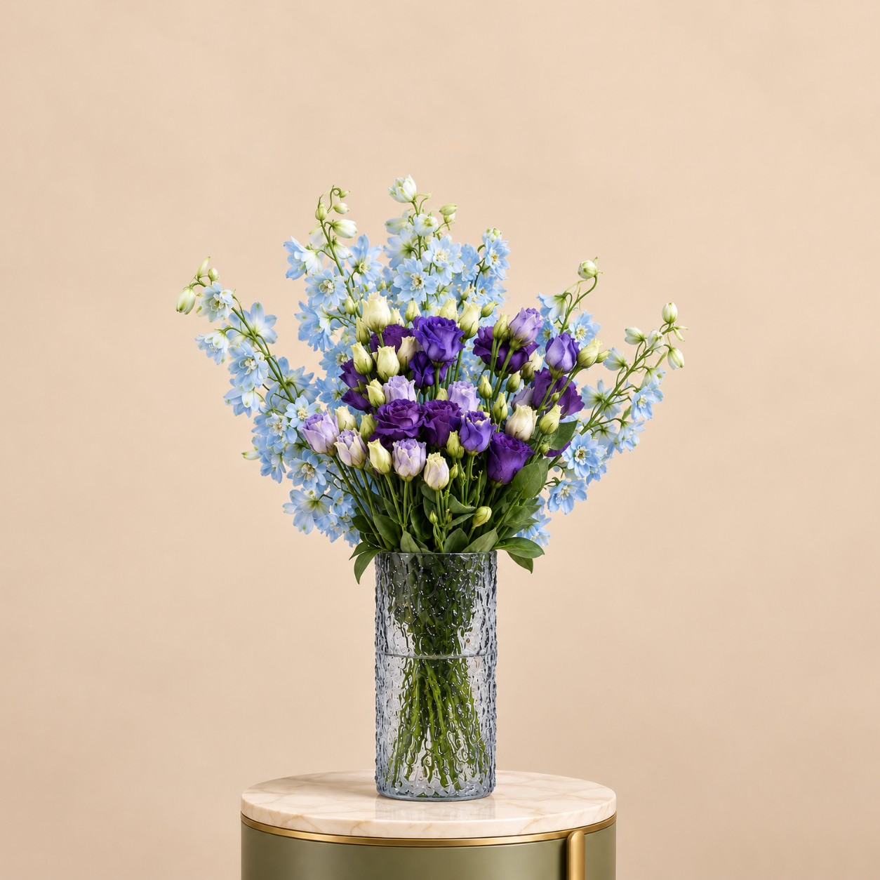Blue Delphinium & Purple Eustoma Glass Vase | Flori Mart