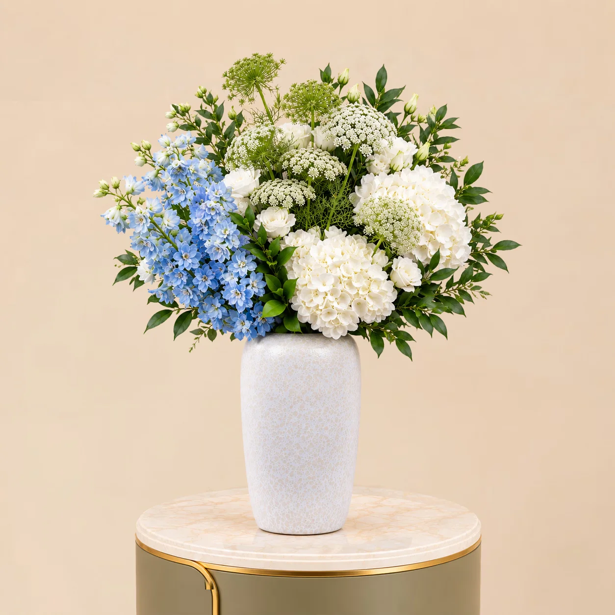 White Hydrangea & Blue Delphinium in White Vase