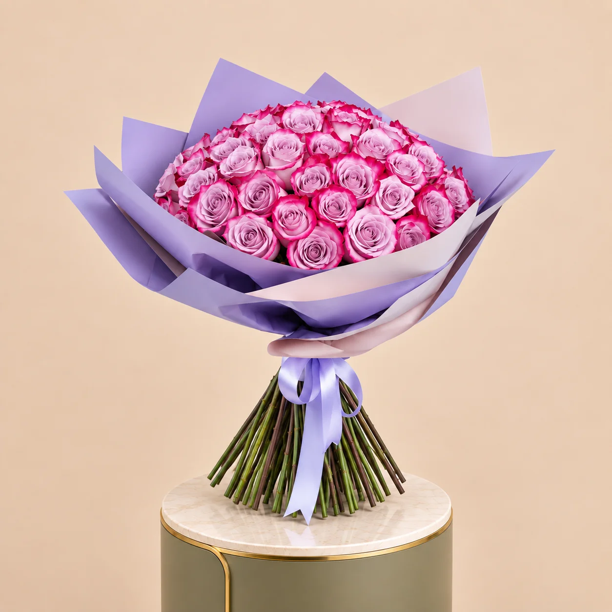 Light Purple Rose Bouquet with Pink Edges | 50 Roses