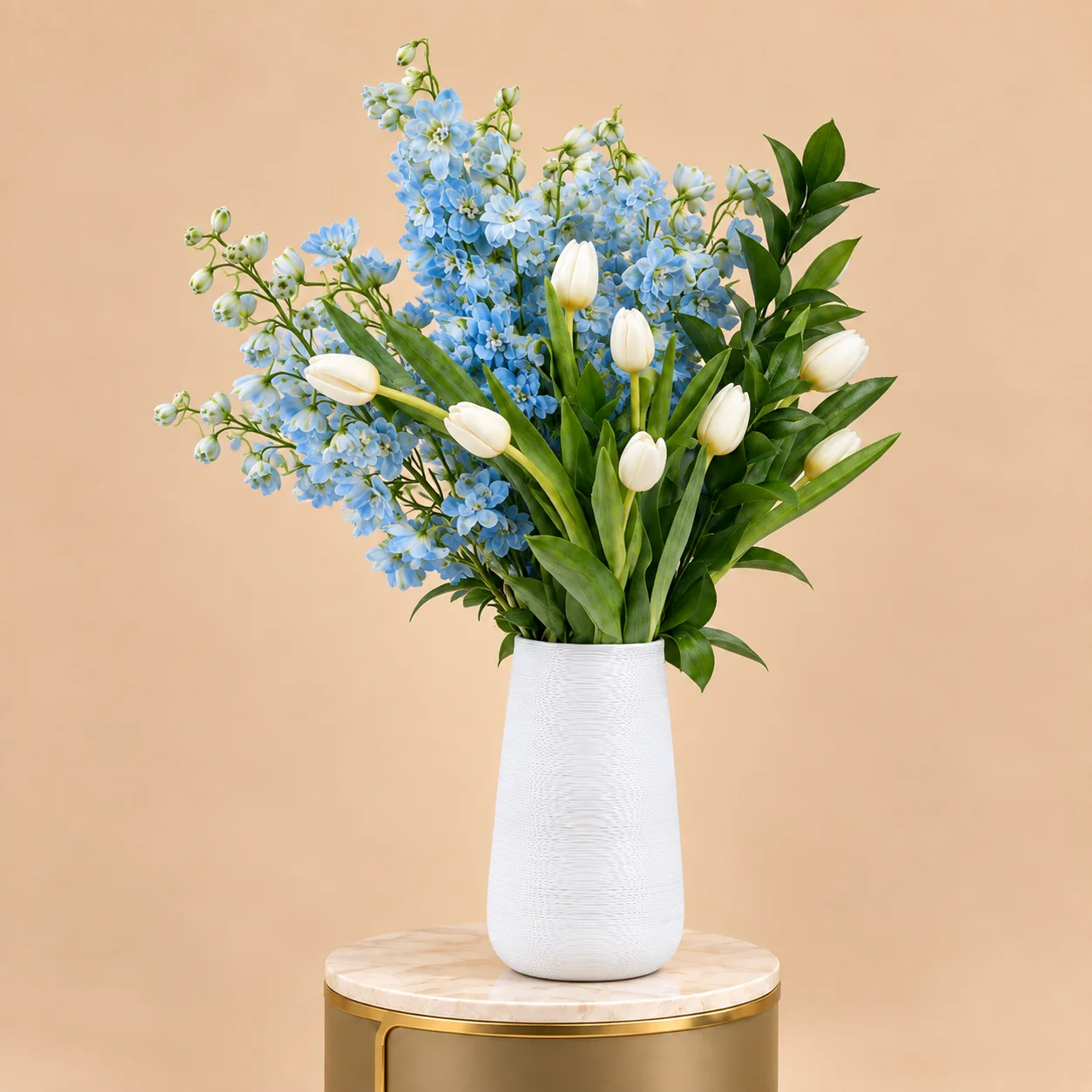Blue Delphinium & White Tulips in White Vase
