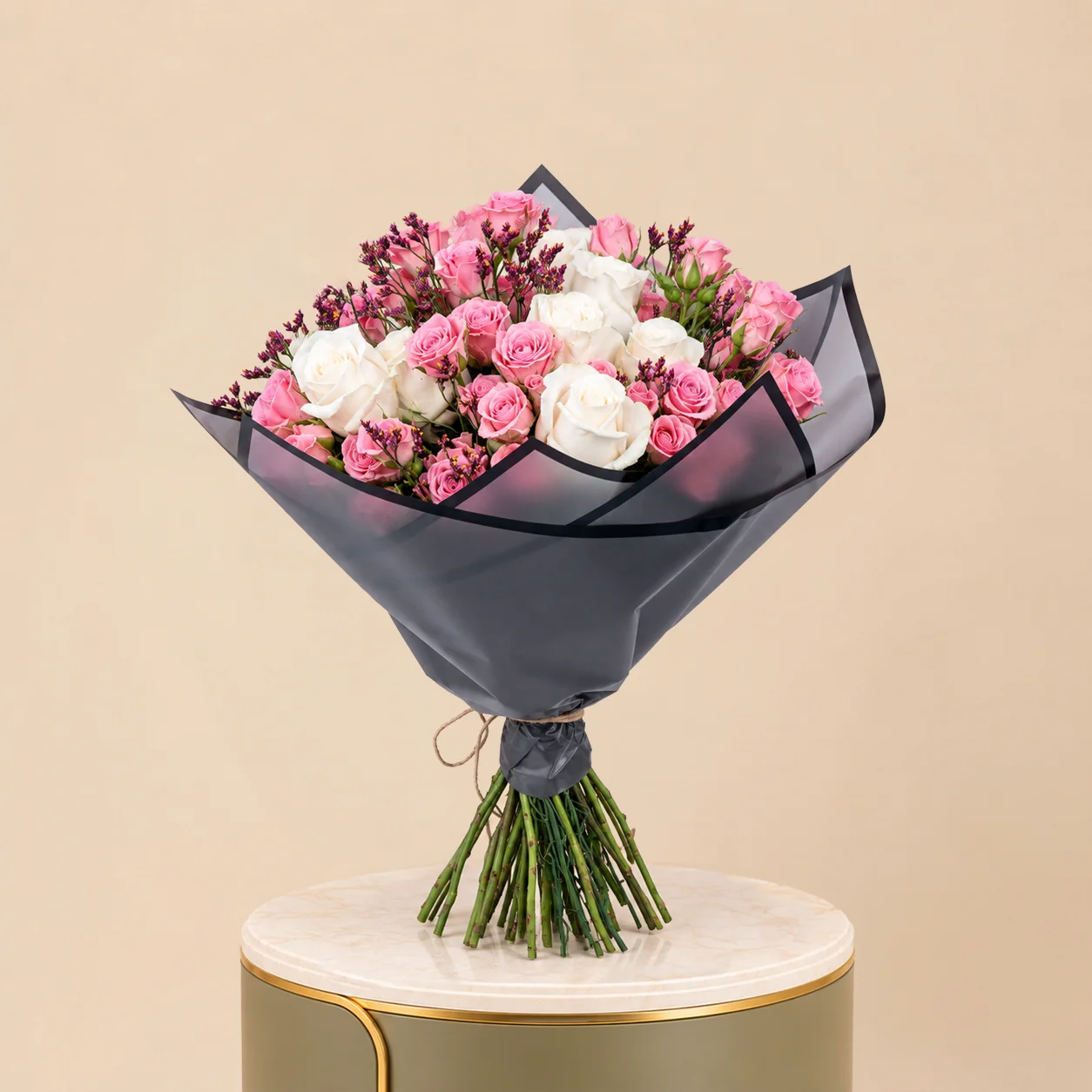 Pink & White Rose Bouquet with Black Wrap