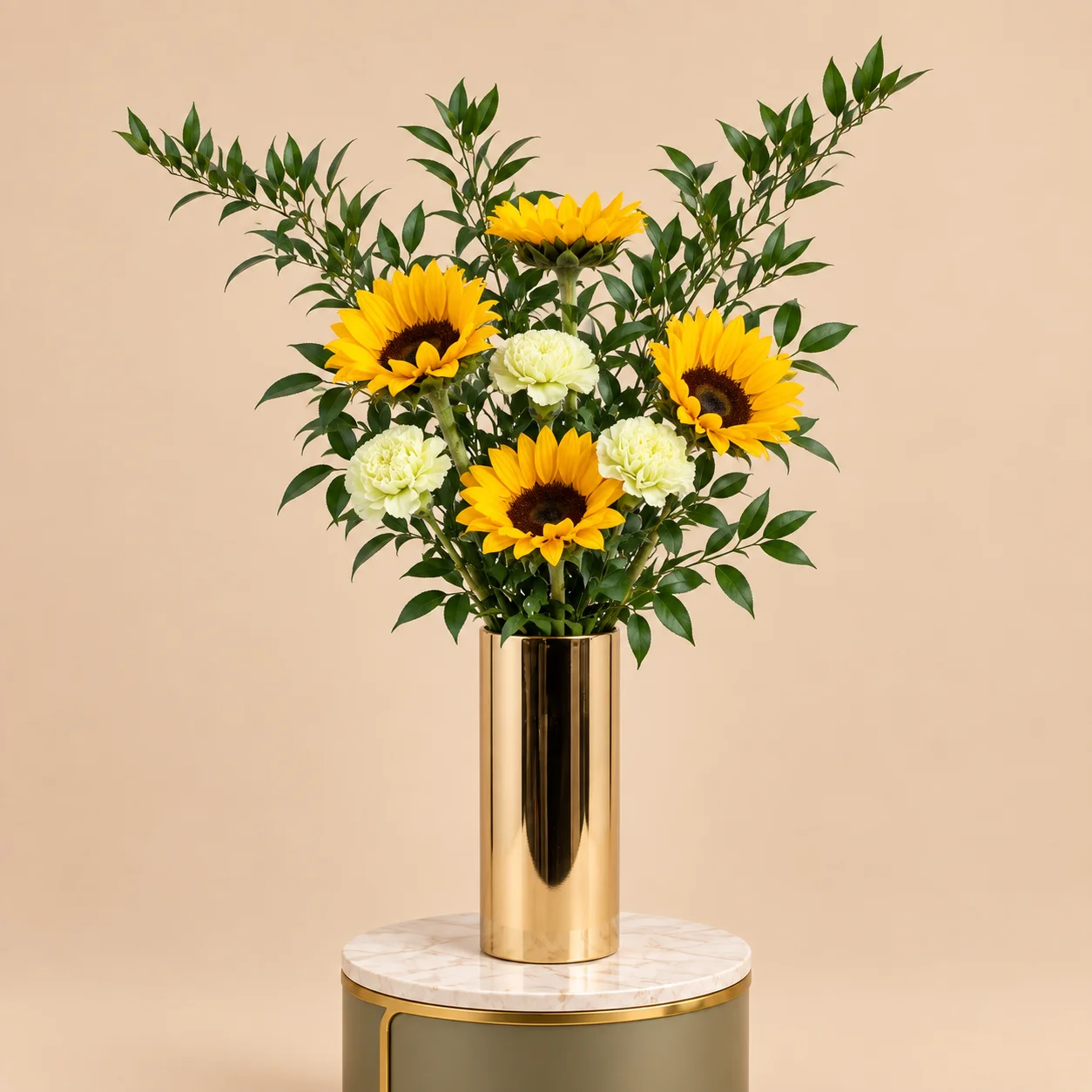 Sunflower & Green Carnation in Gold Vase