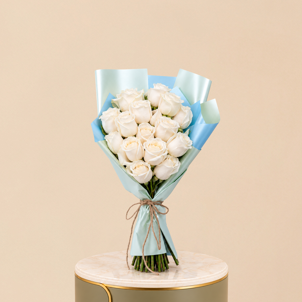 White Rose Bouquet with Blue Wrap | 15 Roses