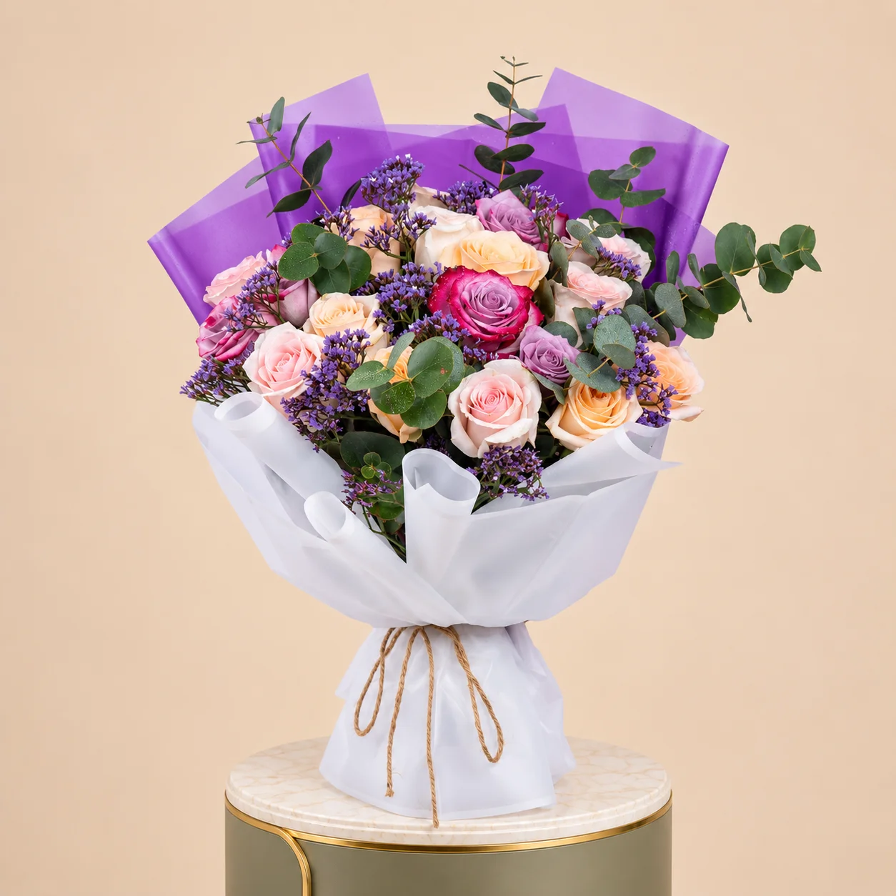 Pink, Peach & Purple Rose Bouquet with Eucalyptus