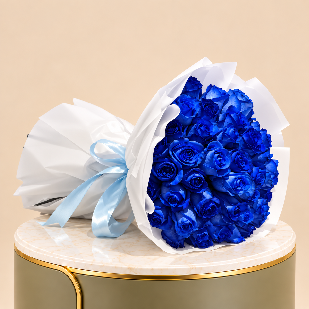Blue Rose Bouquet with White Wrap | 50 Roses