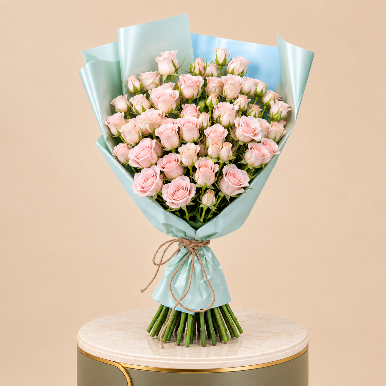 Pink Rose Bouquet with Blue Wrap | 100 Roses