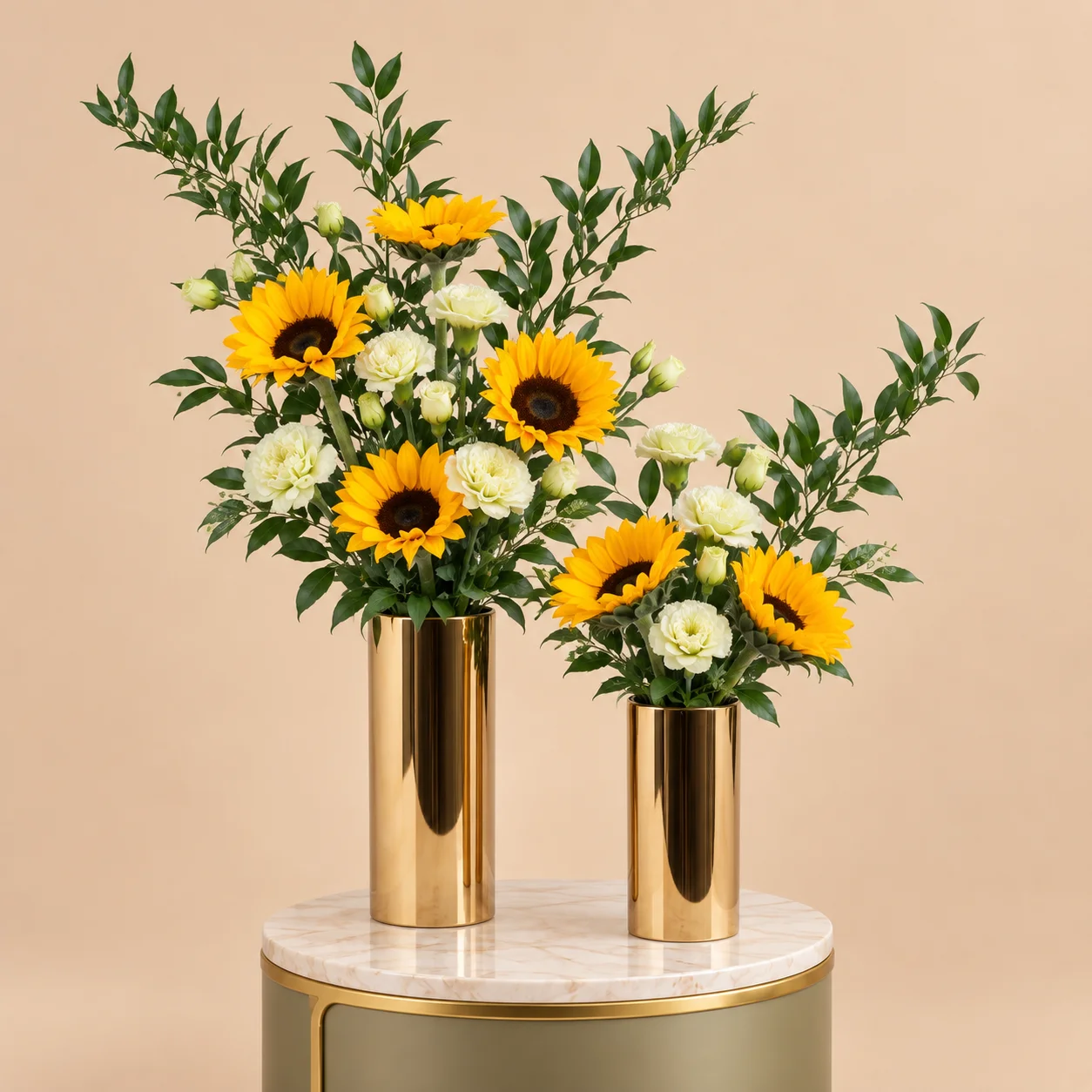 Sunflower & Green Carnation in Two Gold Vases
