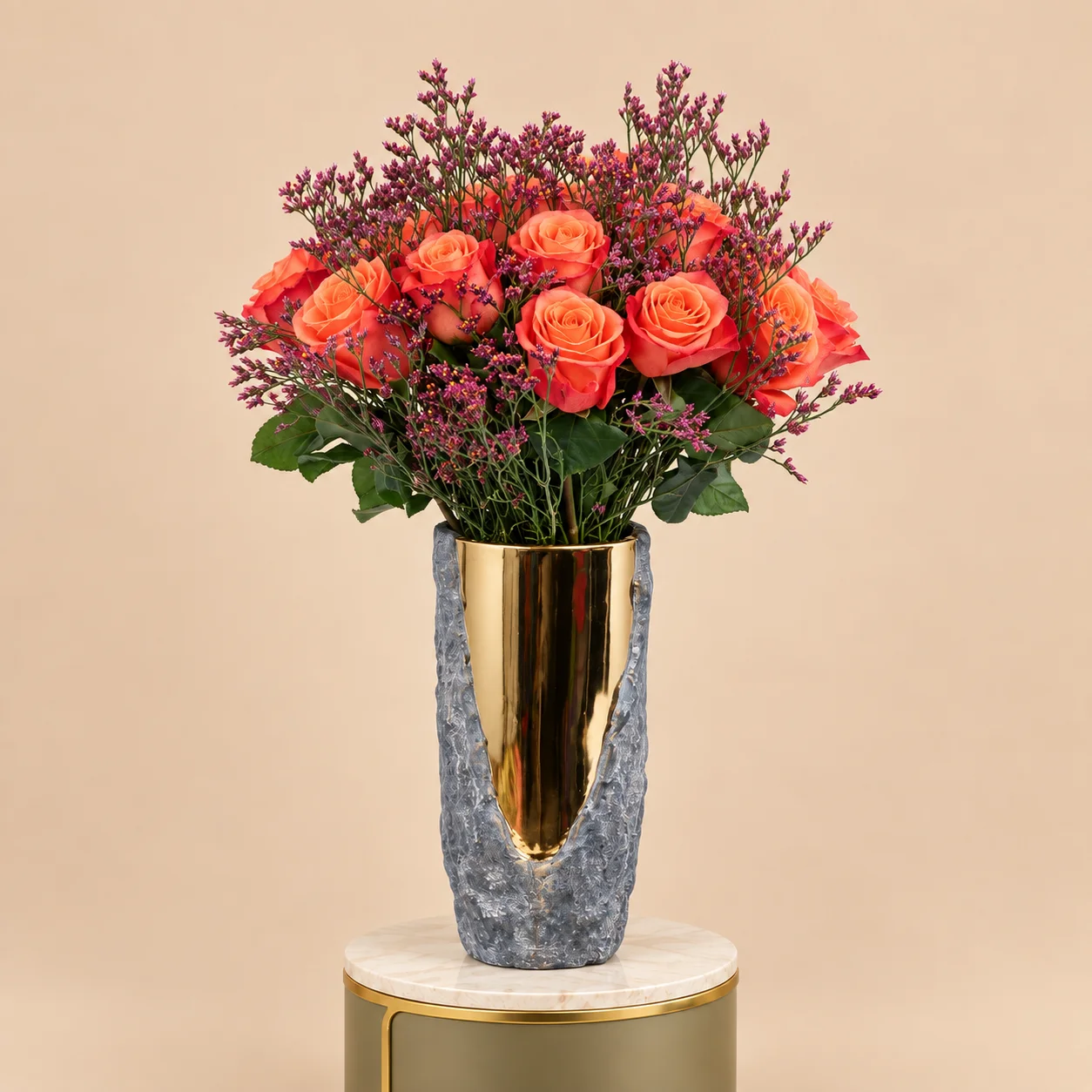 Orange Roses with Purple Statice in Grey & Gold Vase