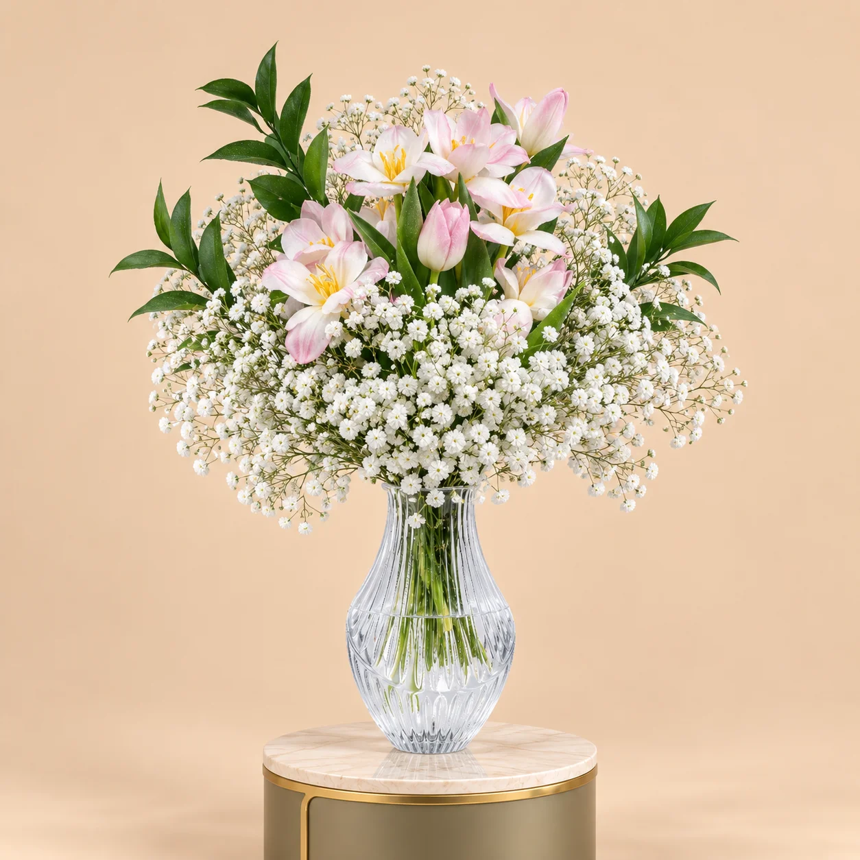Pink Tulips & Baby’s Breath in Clear Glass Vase