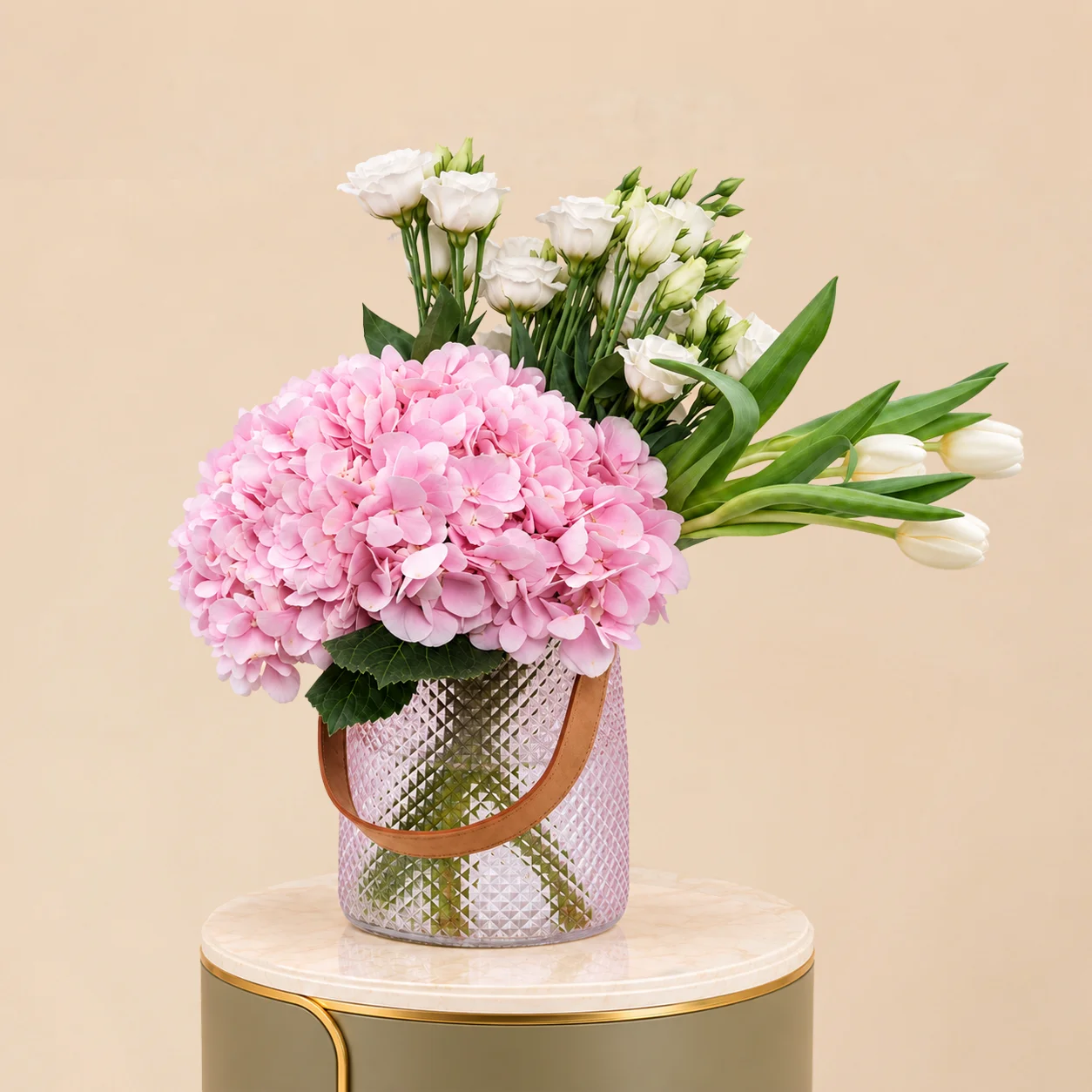Pink Hydrangea, White Lisianthus & White Tulips in Glass Vase