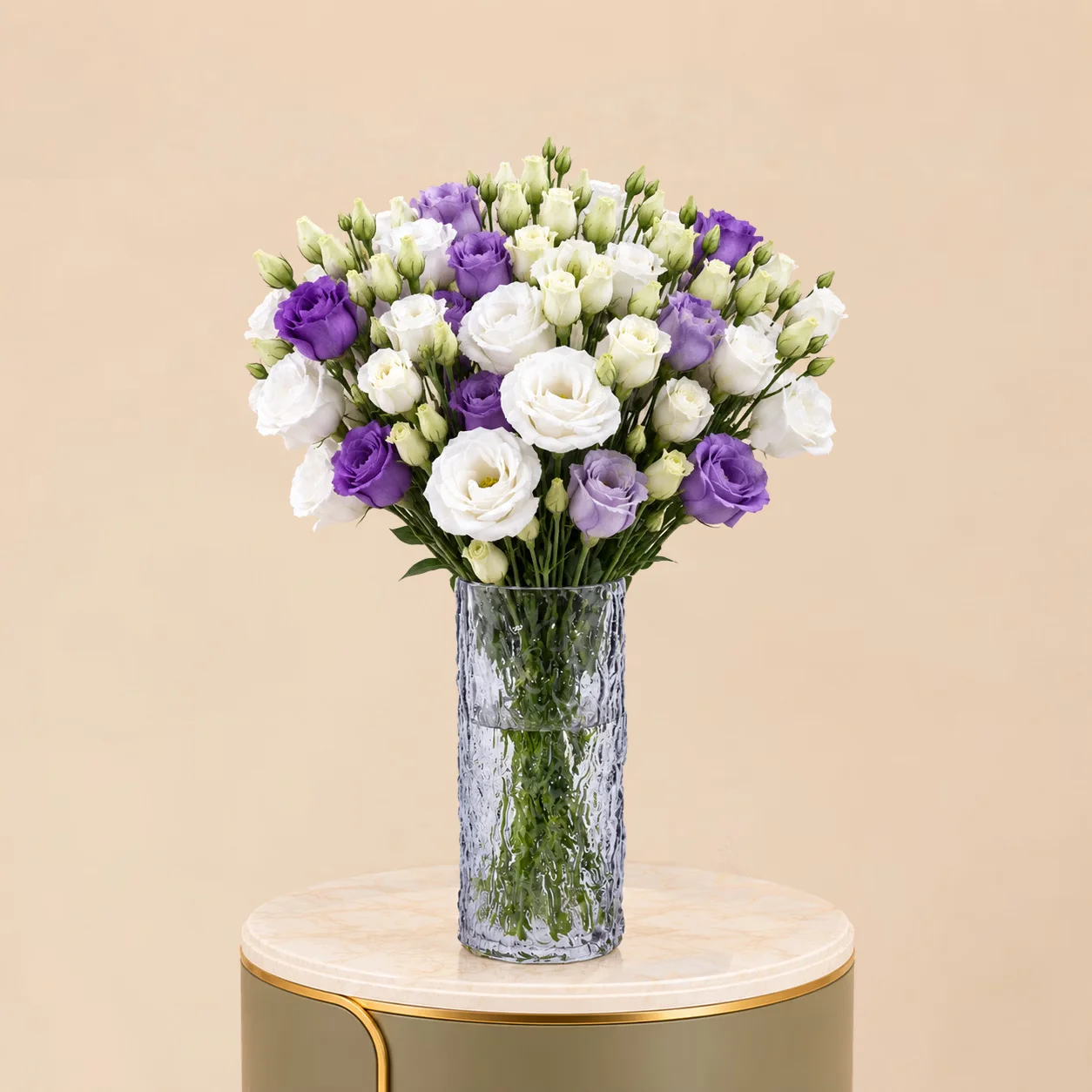 White & Purple Lisianthus in Textured Glass Vase
