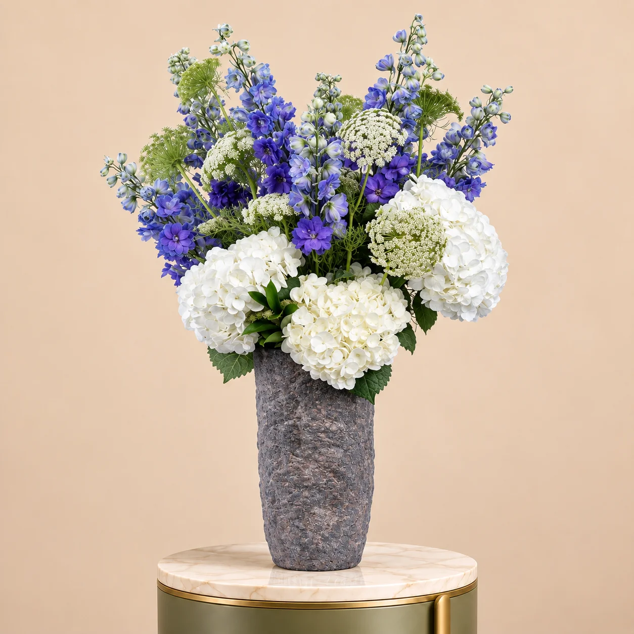 White Hydrangea & Blue Delphinium in Grey Vase