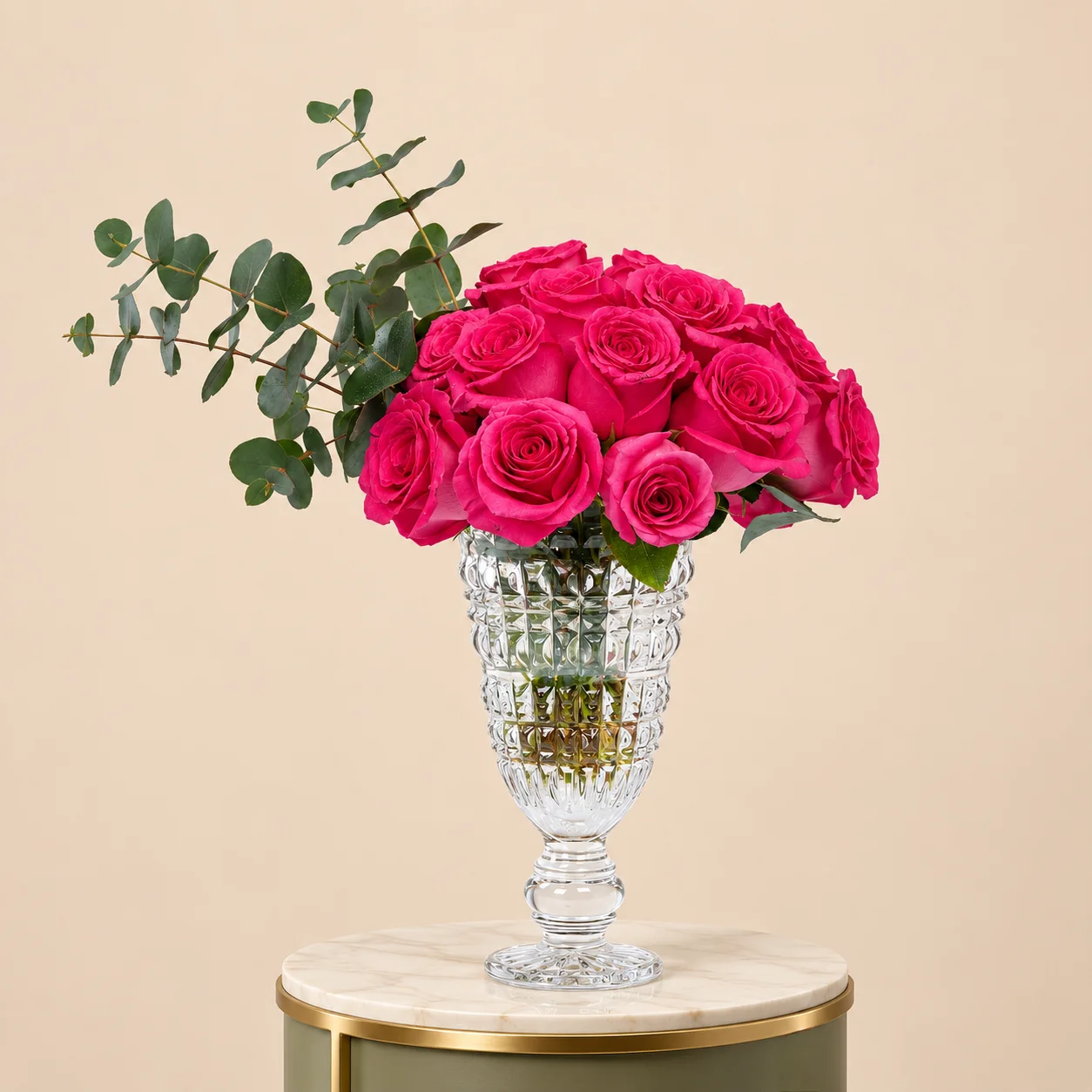 Deep Pink Roses with Eucalyptus in Crystal Glass Vase