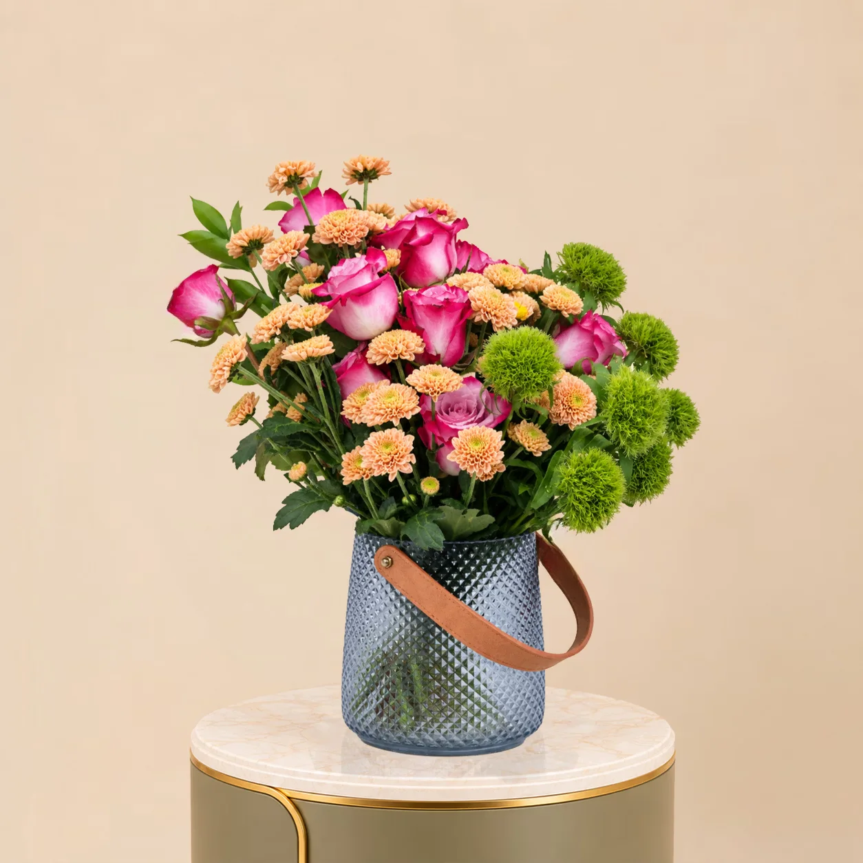 Pink Rose & Peach Chrysanthemum in Blue Glass Vase