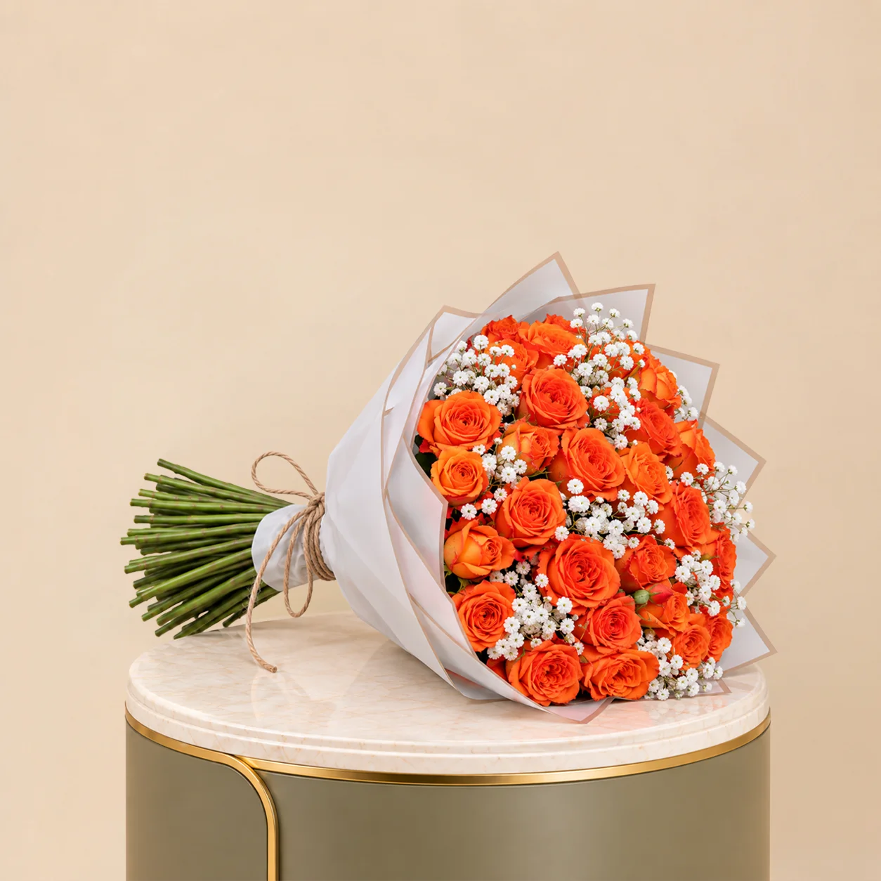 Orange Rose Bouquet with Baby’s Breath & White Wrap