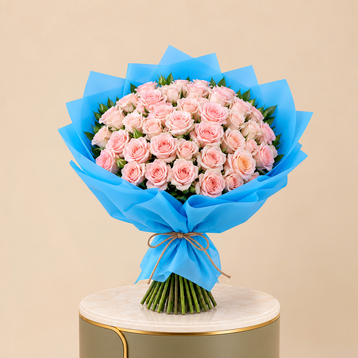 100 Light Pink Roses – Bright Blue Wrap – Flori Mart Doha