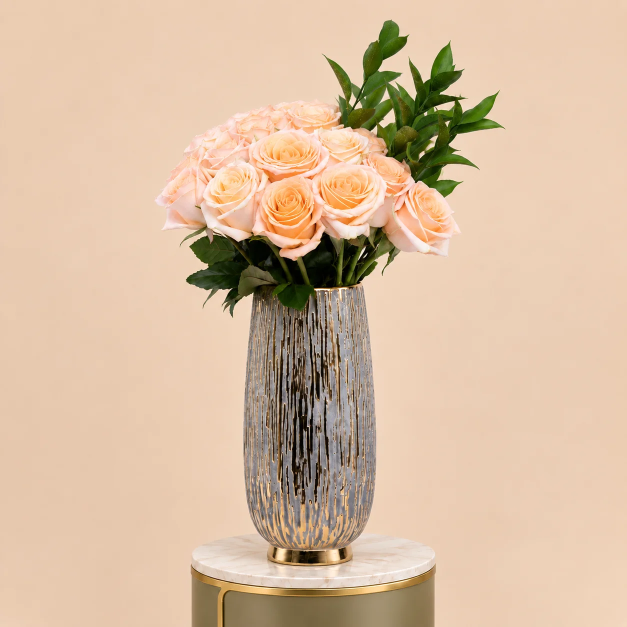Peach Roses in Silver Vase with Gold Accents