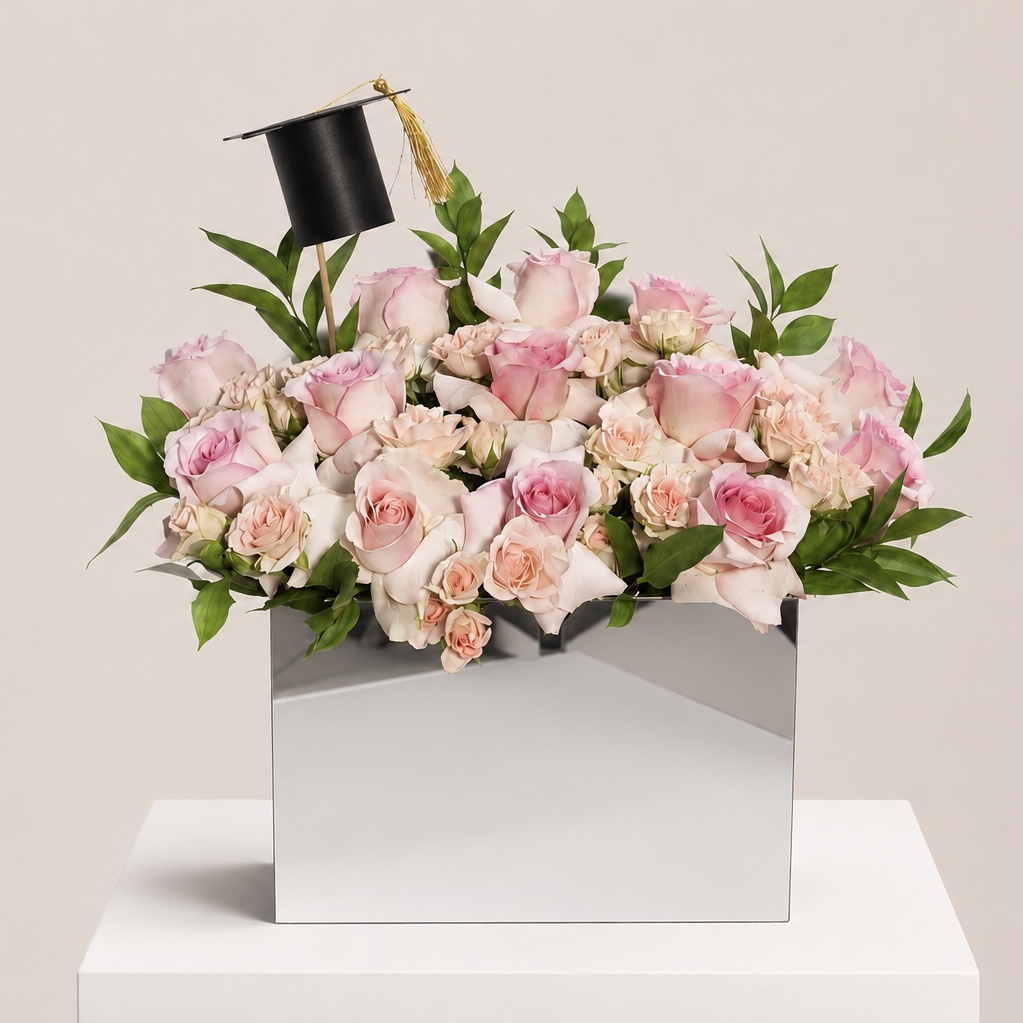 Luxury Pink Rose Graduation Box with Graduation Cap 2