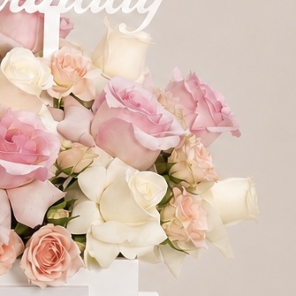 Luxury Happy Birthday Pink, White & Peach Roses Arrangement in White Box | Flori Mart Qatar 6