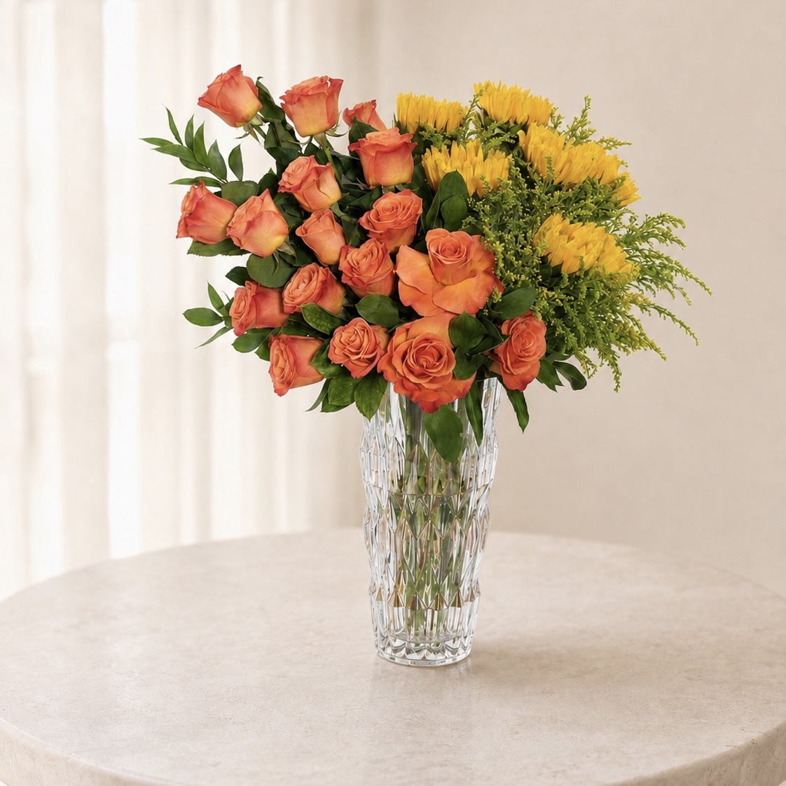 Luxury Orange Roses & Yellow Chrysanthemums Arrangement in Crystal Glass Vase | Fresh Flowers | Flori Mart Qatar