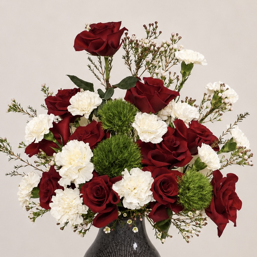 Luxury Red Rose & White Carnation Arrangement | Premium Fresh Flower Vase for Gifts & Special Occasions | Flori Mart Qatar 4