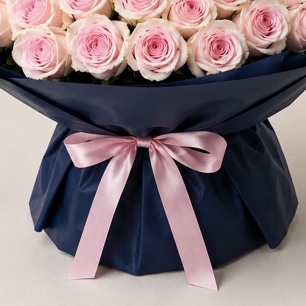 Luxury Large Light Pink Rose Bouquet in Navy Wrapping | 50 Premium Roses 5