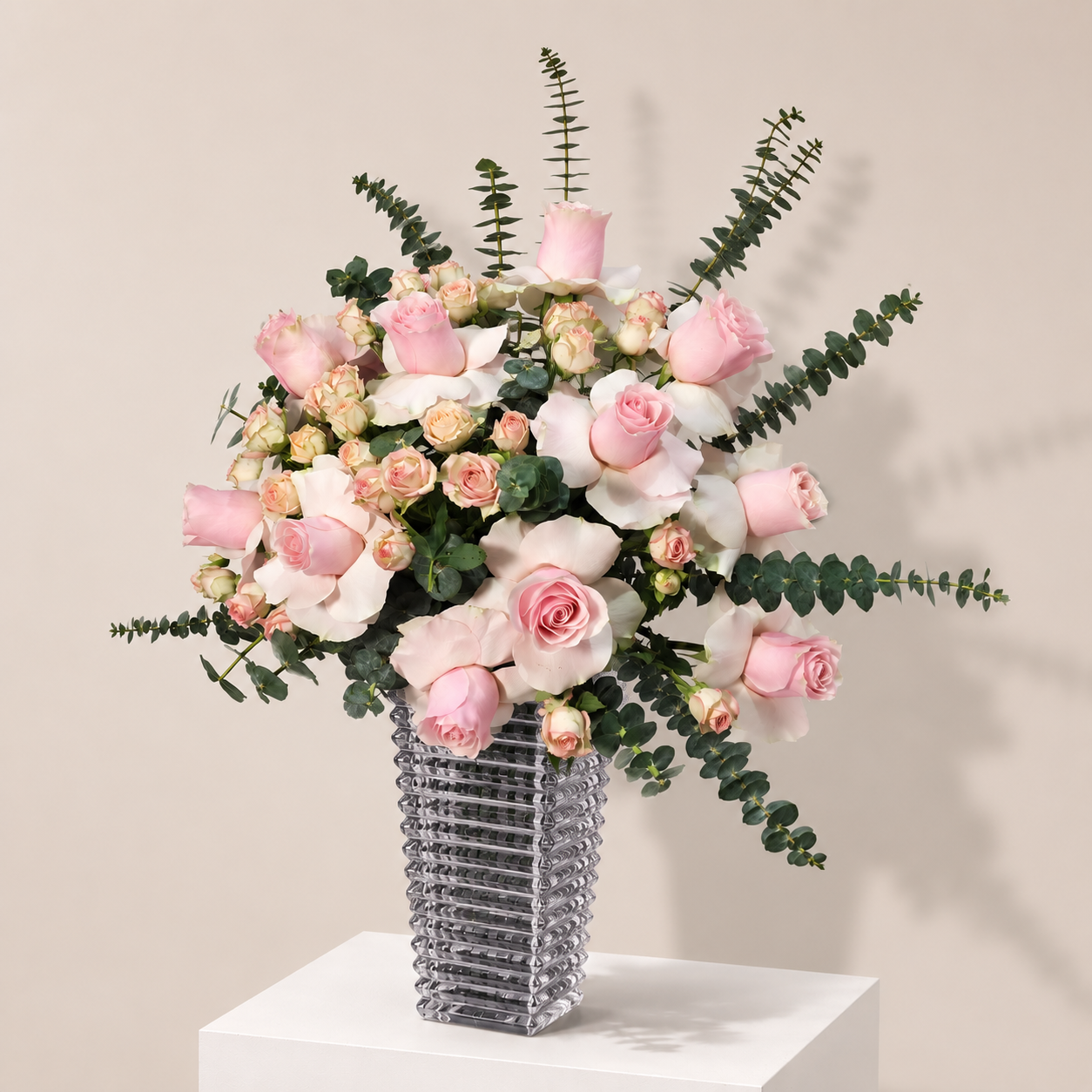 Pink Roses & Eucalyptus Arrangement in Square Glass Vase 2
