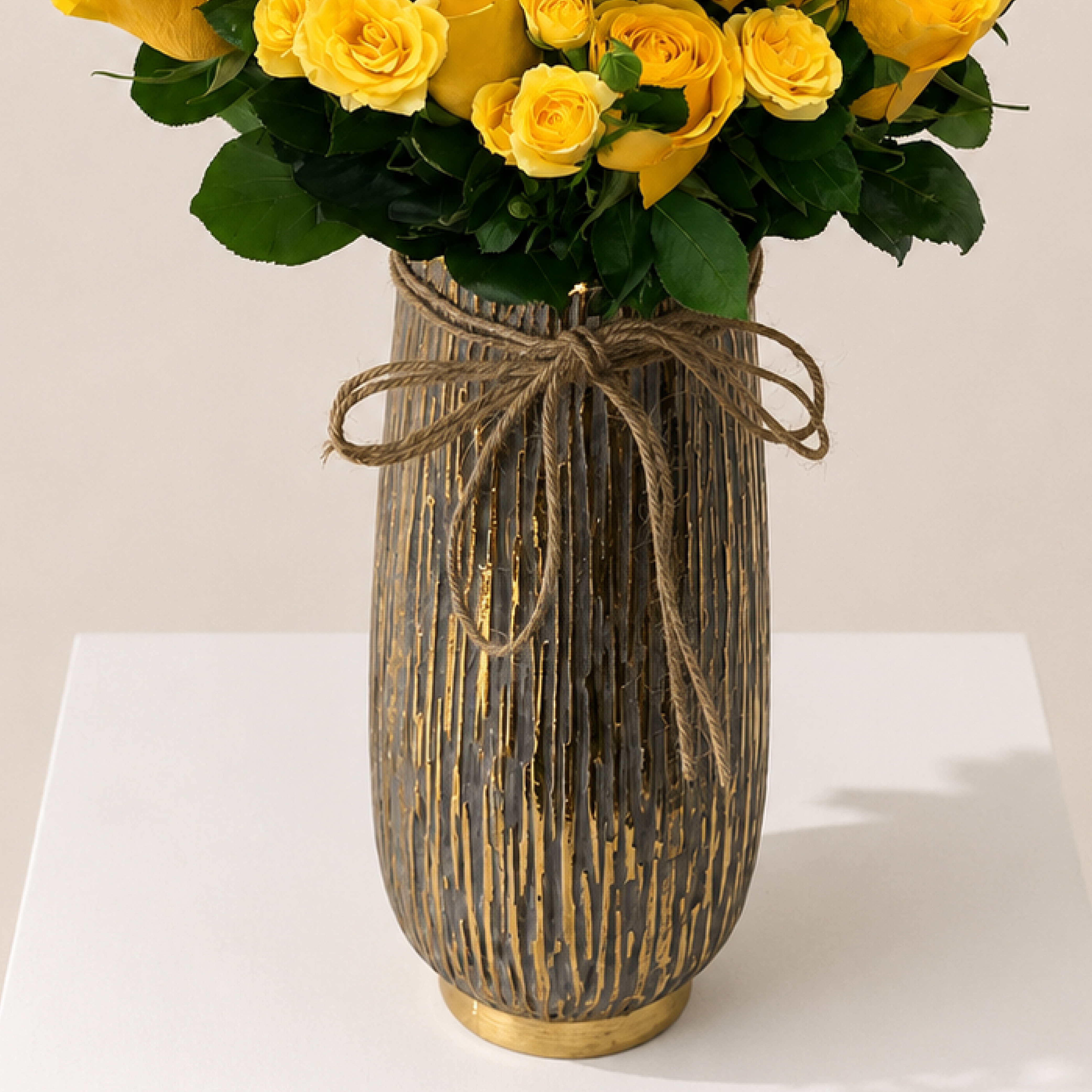 Luxury Yellow Rose Arrangement | Fresh Yellow Roses & Spray Roses in Elegant Metal Vase | Flori Mart Qatar 3