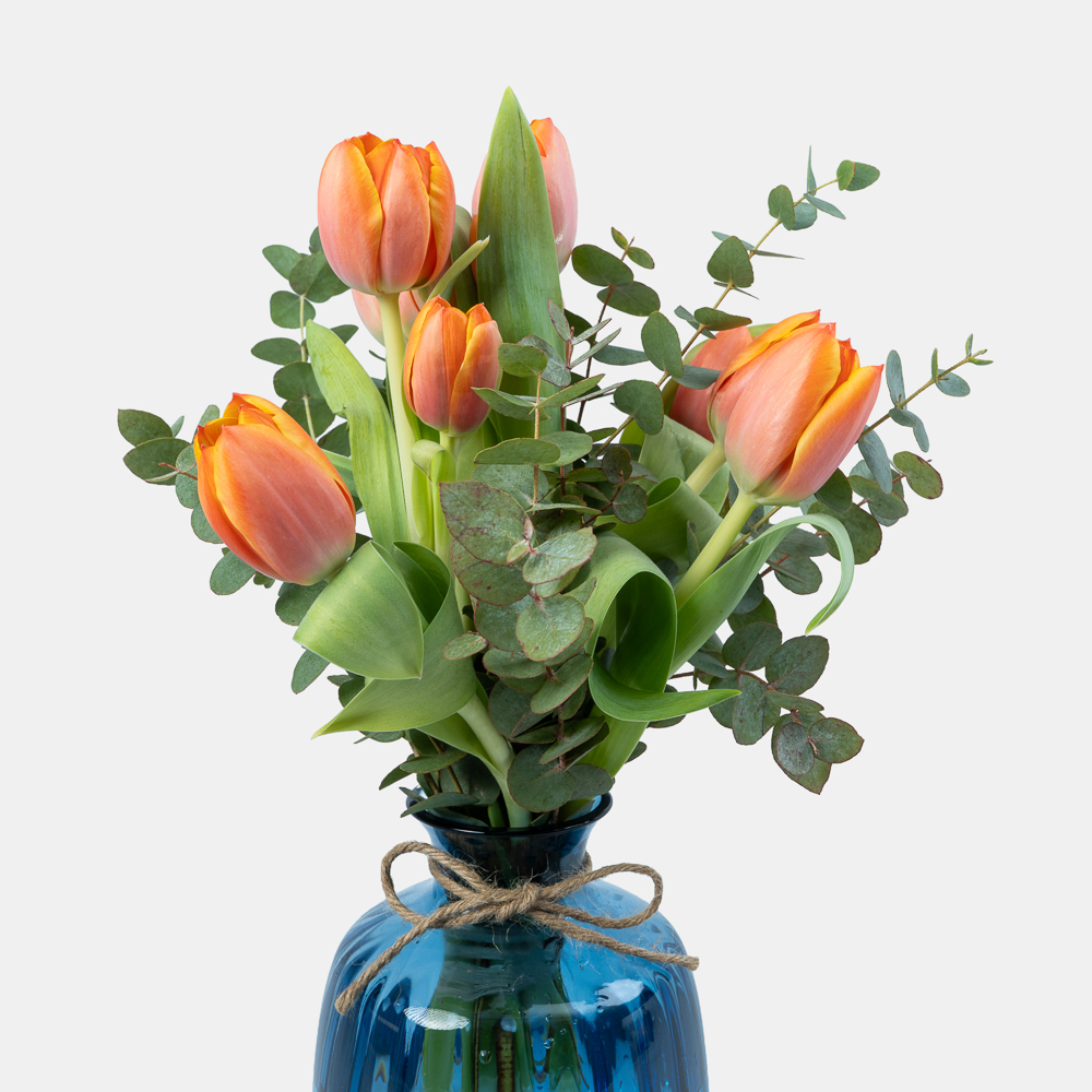 Luxury Orange Tulip Arrangement with Eucalyptus in Blue Glass Vase | Elegant Floral Gift 2