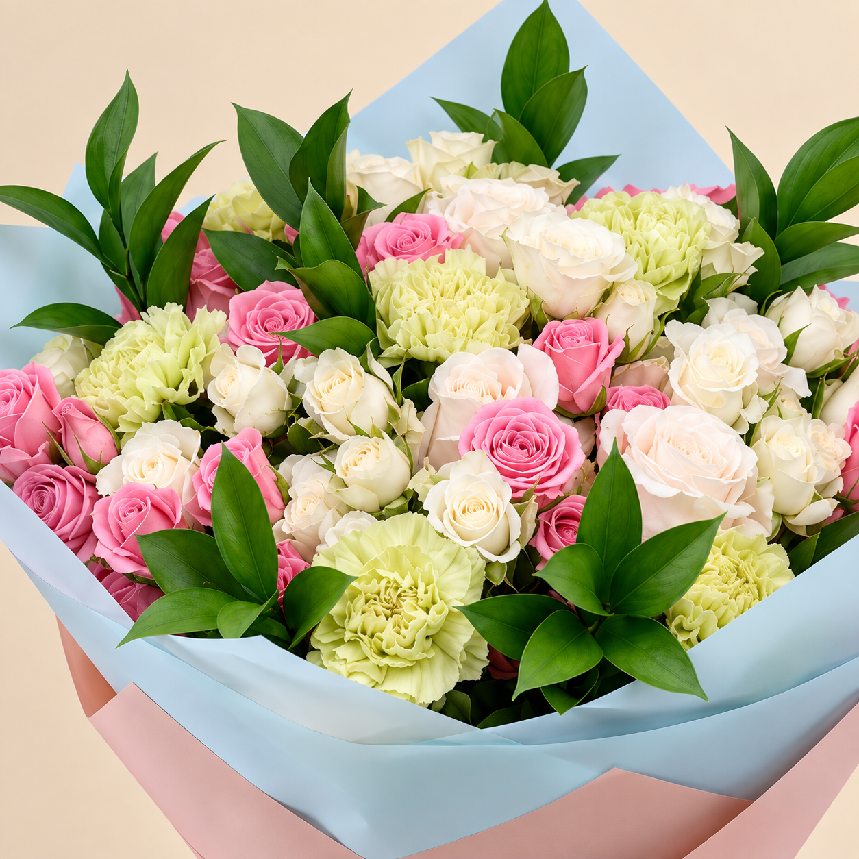 Pink & White Rose Bouquet with Green Carnations 2