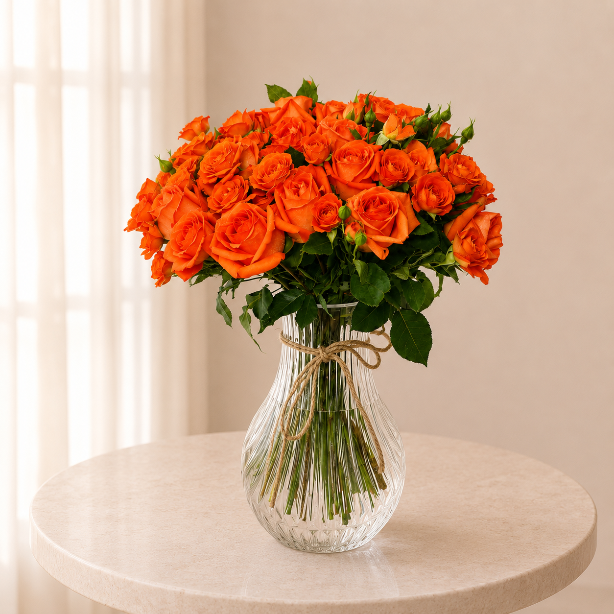 Luxury Orange Spray Roses Arrangement in Elegant Ribbed Clear Glass Vase | Flori Mart Qatar