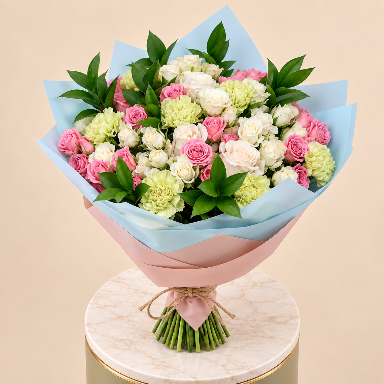 Pink & White Rose Bouquet with Green Carnations