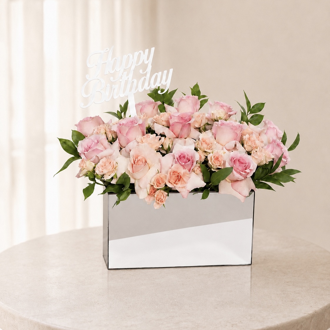 Luxury Happy Birthday Pink & Peach Roses in Mirror Box