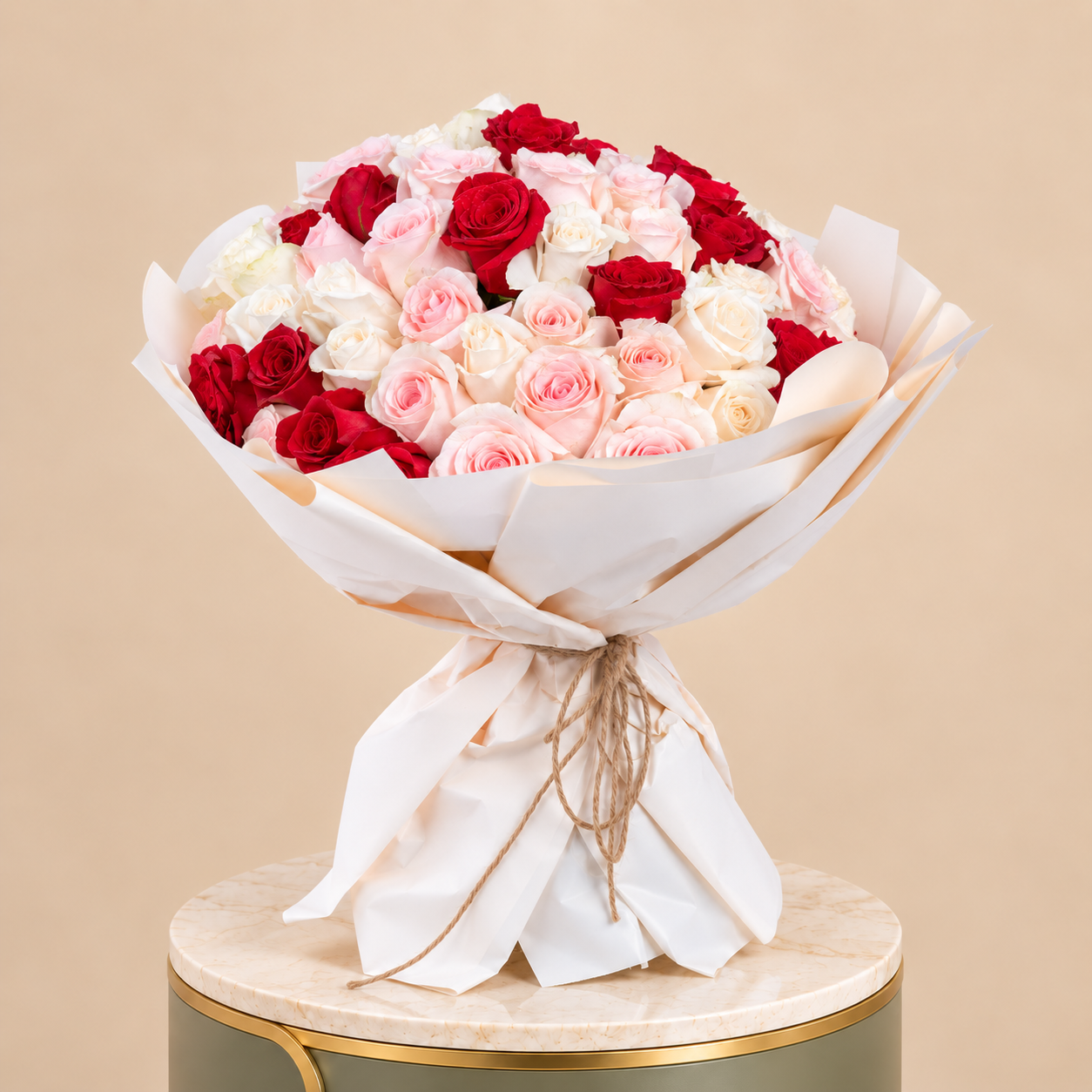 Red, Pink & White Rose Bouquet with White Wrap | 50 Roses